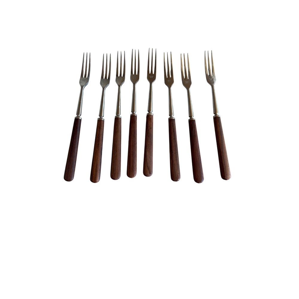Japan Stainless Wood Handle 8pc Dessert Fondue Fork Set Mid Century Modern MCM